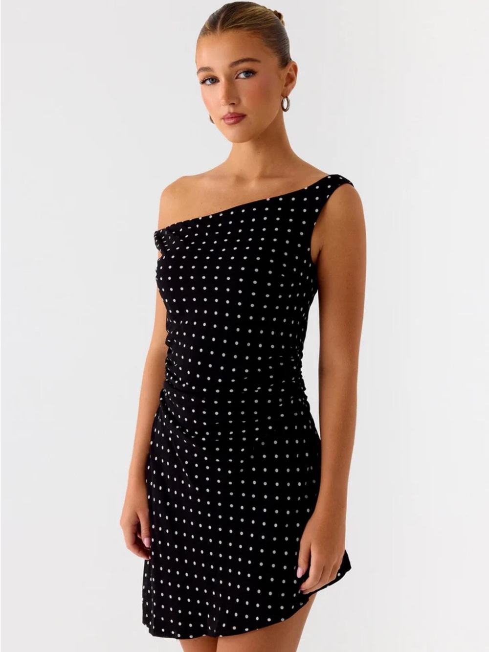 Peppermayo ‘Delusional’ Black and White Polka Dot One-Shoulder Mini Dress